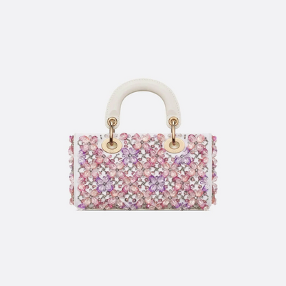 DIOR LADY D-JOY MICRO TASCHE AUS WEISSEM KALBSLEDER MIT ROSA BLUMENSTICKEREI UND STRASS